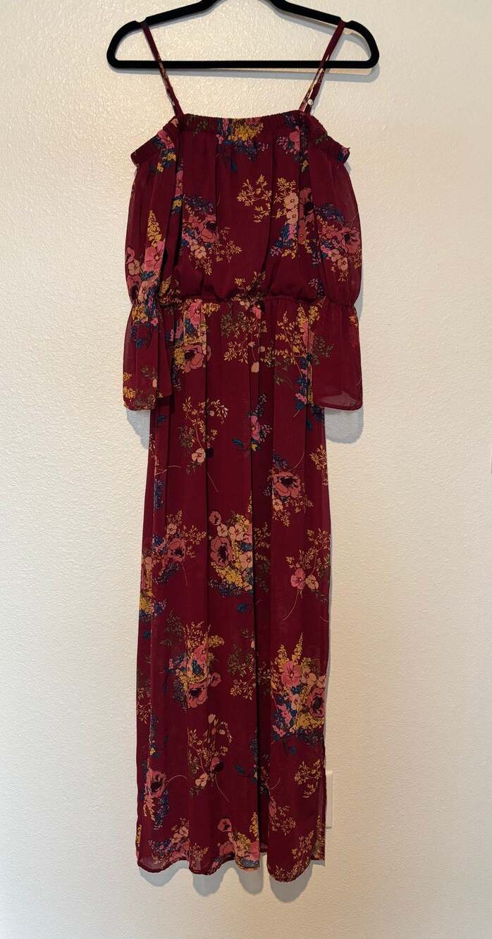 As U Wish Juniors Size Medium Red Floral Sheer Bell Sleeves Illusion Maxi Dress